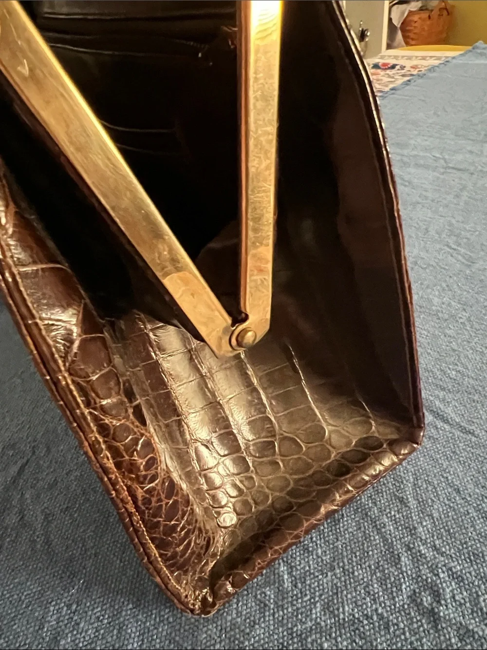 Classic Croc-Embossed Structured Top-Handle Bag in Dark Brown